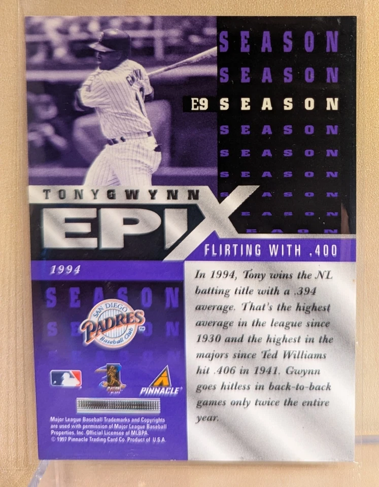 1998 Pinnacle EPIX SEASON PURPLE #9 Tony Gwynn Padres Refractor RARE INSERT - Image 2 of 2