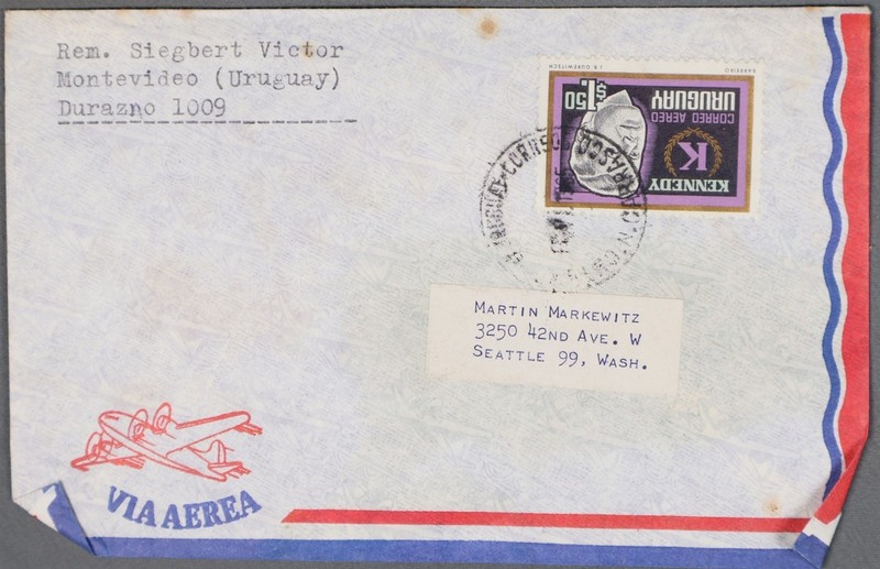 MayfairStamps Uruguay John F Kennedy Air Mail $1.50 Montevideo to Seattle WA Air
