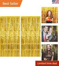 2 Pack Gold Backdrop Birthday Decorations Foil Curtain Backdrop Gold Streamer...