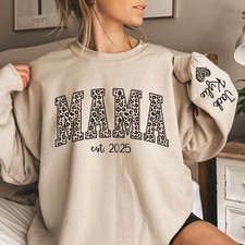 Custom Leopard Mama Sweatshirt With Kid Name On Sleeve Personalized Mom
