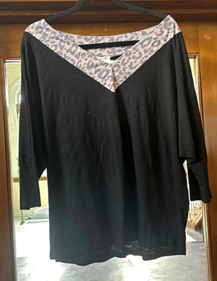 Women s Black Gray Leopard Print Knit V-Neck Stretch 3/4 Sleeve Top