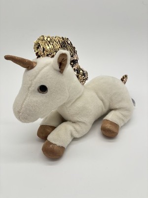 Aurora Shimmers White Unicorn Plush Gold Sequin Mane & Tail 12  Stuffed Animal