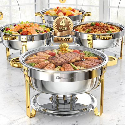 WARMOUNTS 6.5QT Gold Chafing Dishes for Buffet with Glass Lid 4Pack, round Chafe