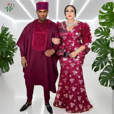 Afrikanische Kleider für Paare Burgunderrot Traditionell Herren 3-teilig Bestickt Outfit Set