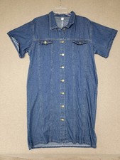 Denim Dress Woman's Large Button Front Knee-Length Short Sleeves Dark Wash BLUE