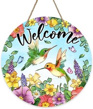 Welcome Spring Summer Hummingbird Front Door Sign, Daffodil Morning Glory Flo...