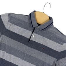 Tommy Hilfiger Mens Custom Fit Striped Polo Shirt Blue Grey Short Sleeve Size M