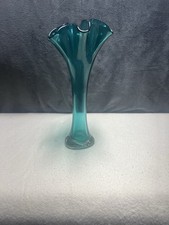 Vtg Murano Style Hand Blown Teal Glass Ruffled Rim 12  Tall Vase    