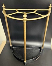 ENGLISH VICTORIAN BRASS DEMI LUNE UMBRELLA STAND WITH CAST IRON BASE  DRIP TRAY