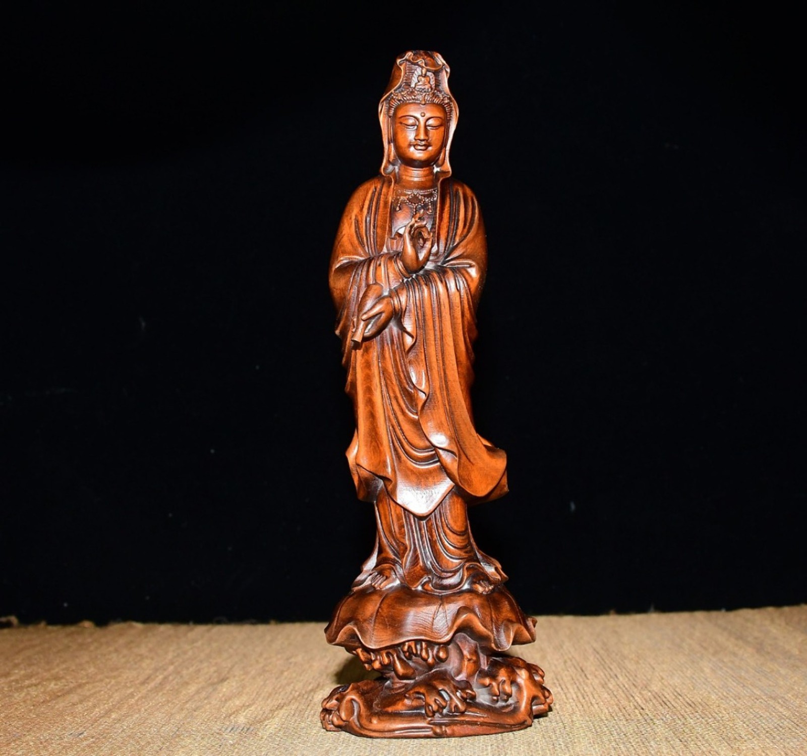 Chinese Wood Carving Wooden Guanyin Kwan Yin Statue Sculpture Hand Carved