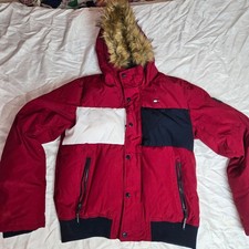 Tommy Hilfiger Coat Jacket Womens M Down Feather Faux Fur Hood Red White Blue