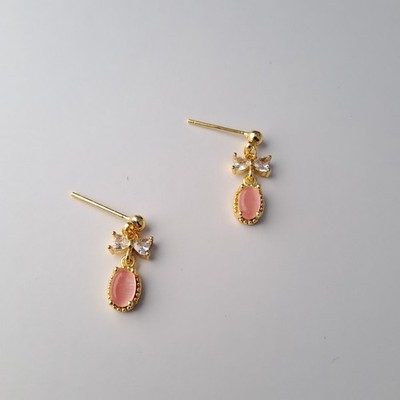 925 Silver Stud Earrings, 14K Gold Plated, Pink Cat s Eye Bow with Zircon