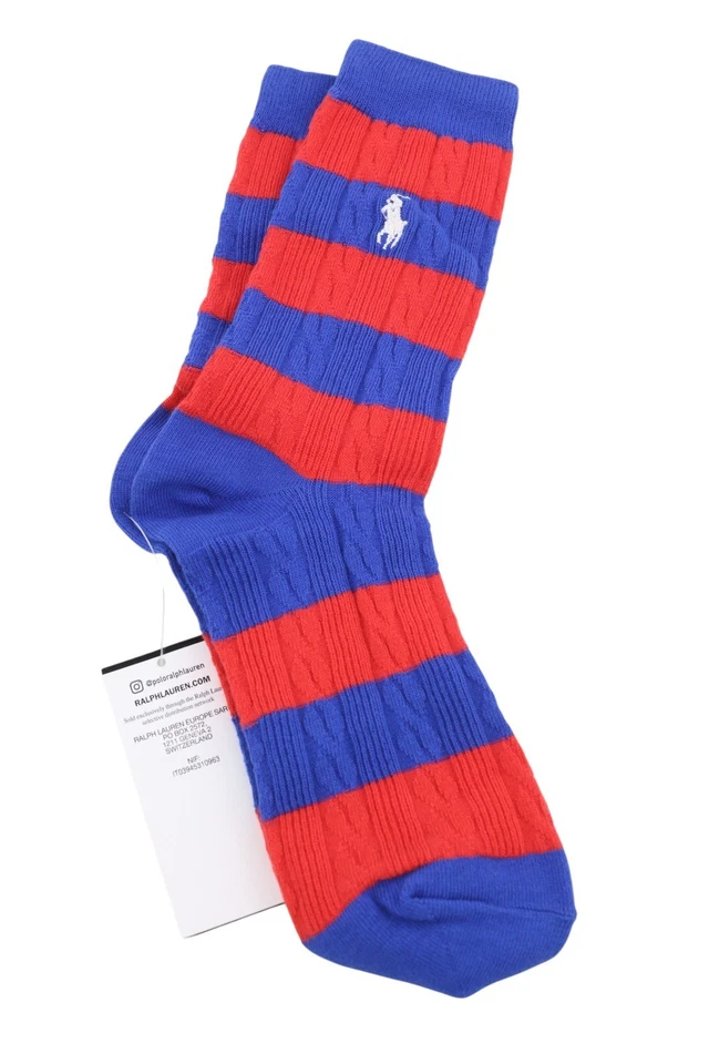Calcetines para mujer Ralph Lauren OS azul rojo a rayas trenza bordado logotipo unisex Foto 2 de 4