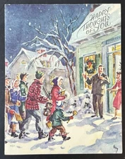 People Open Door Winter Scene 1940s Christmas Vintage Greetings Card Unused