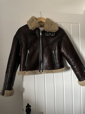 Bershka Brown Faux Leather Biker Jacket Faux Shearling Lined Full Zip XS