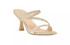  500 STUART WEITZMAN PATRON GLITTER GOLD STRAPPY SLIDE SANDAL CURVE HEEL 7 DB8 