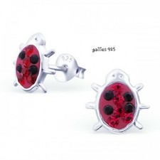 Children's 925 Sterling Silver Cute Ladybird Crystal Ear Studs - Gift Pouch