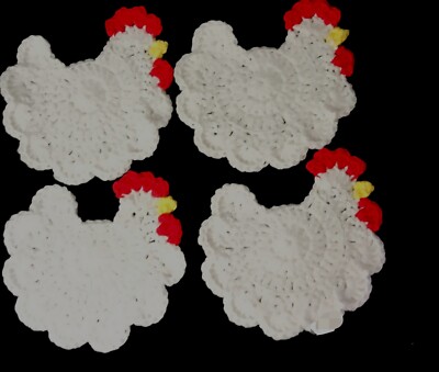 Handmade Crochet Chicken Coasters Set of 4 Farmhouse Country Decor 4'' X 6''