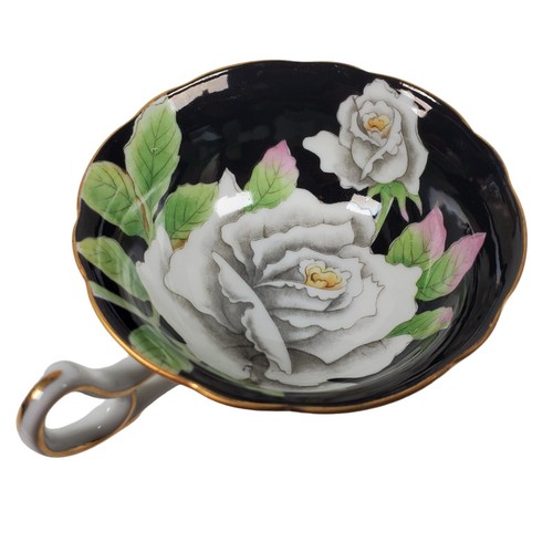 Cabbage Rose Teacup And Saucer Vintage Occupied Japan Black White Pink Gold - Picture 18 of 22