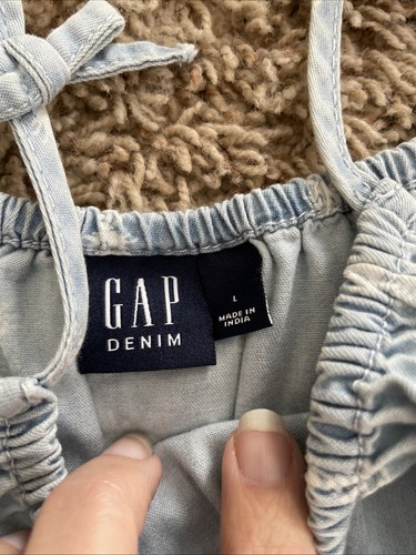 Gap Denim Girls Size Large Blue Chambray Pineapple Romper Pockets Bow Straps - Picture 6 of 10