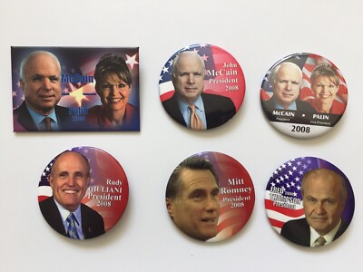 6 John McCain Palin Romney Thompson Guiliani 2008 Presidential Campaign Buttons