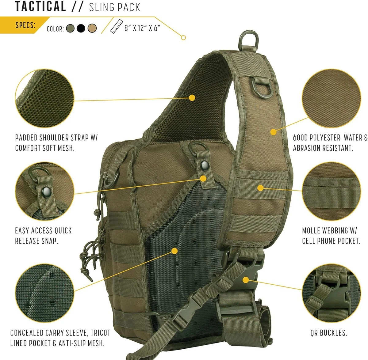 WFS Tactical Sling Backback with Concealed Carry Pocket OD Green or Black