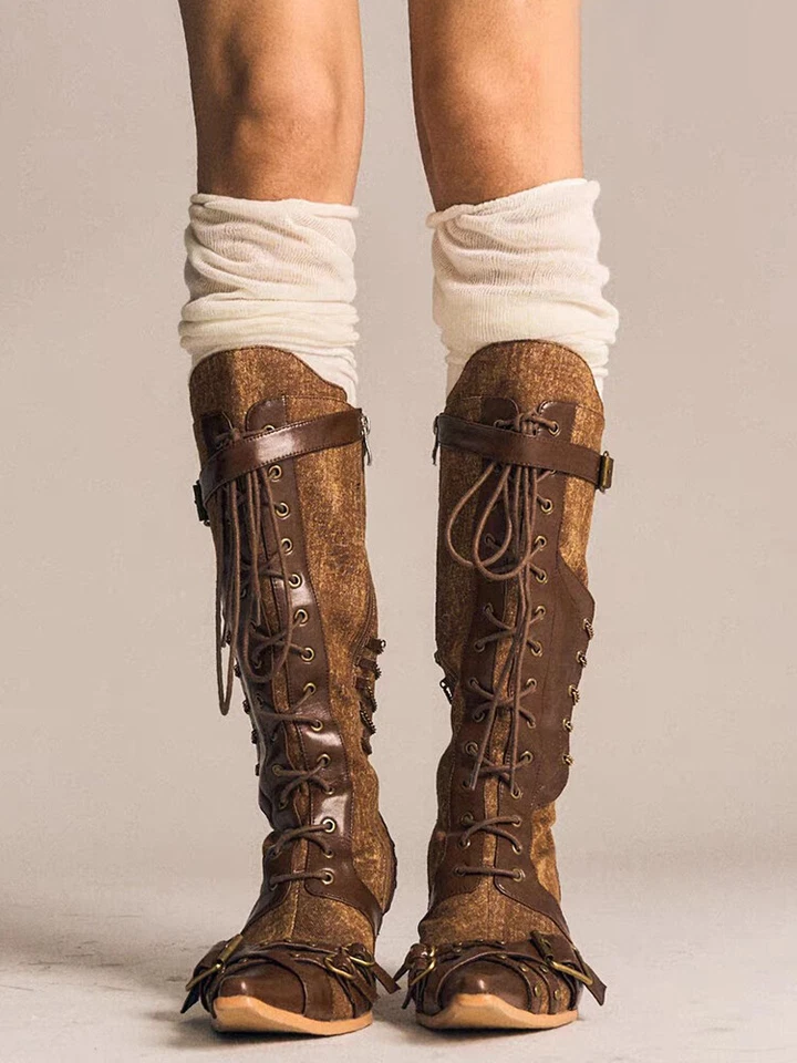 Mujeres Retro Con Cordones Hasta la Rodilla Tacones Punk Botas Cremallera Western Botas de Vaquero Foto 2 de 4