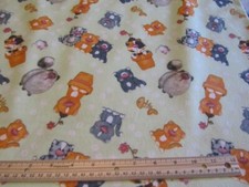 2 Yards Green with Multicolored Cats Flannel Fabric