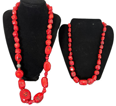 Chunky Barse Sliced Dyed Red Coral 27''-29'' Beaded Necklace 925 Clasp Bead BONUS