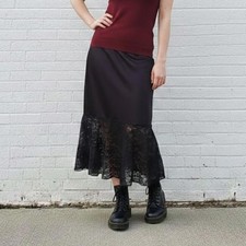 Vintage Black Lace Slip Midi Skirt Lingerie 1990s Size Small Goth Whimsigoth