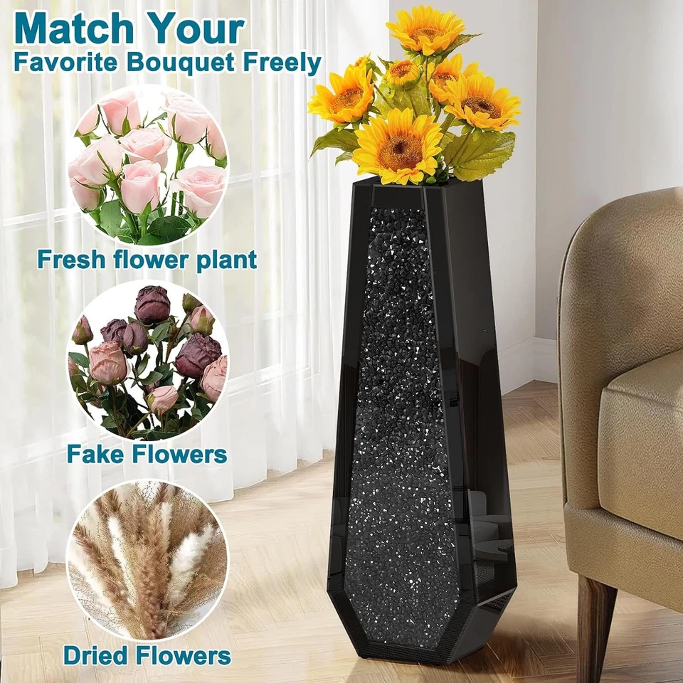 Jarrón de piso de diamantes triturados de 30" de alto, jarrones grandes negros jarrones de vidrio para flores Foto 2 de 4