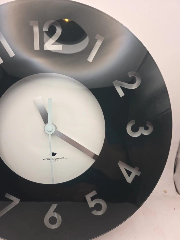 Michael Graves Celadon Glass Wall Clock Black and White Modern 14" - Image 3 of 4