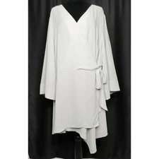 City Chic Dress Womens 22 Gray Wrap Asymmetrical Hem Long Bell Sleeve Tie Waist