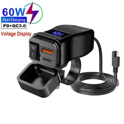 PD QC3.0 60W Motorcycle Dual USB Charger Socket w/ Switch Voltmeter 12V