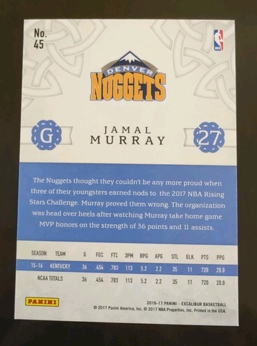 🏀2016-17 Jamal Murray Panini Excalibur Basketball Card 45 RC Denver Nuggets - Picture 2 of 2