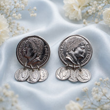 Sarah Coventry Roman Coins Napoleon Clip On Dangle Earrings Silver Tone Vintage