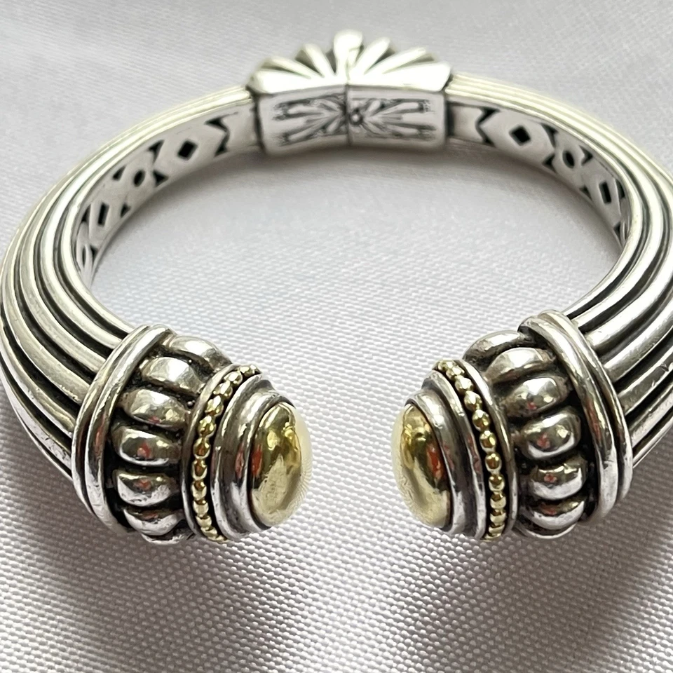 Vintage Lagos Caviar Sterling Silver & 18K Gold Hinged Cuff Bracelet 53g 6.5" SM - Image 3 of 3