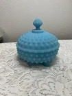 Vintage Fenton Hobnail Turquoise Blue Satin Milk Glass Footed Candy Dish w/Lid