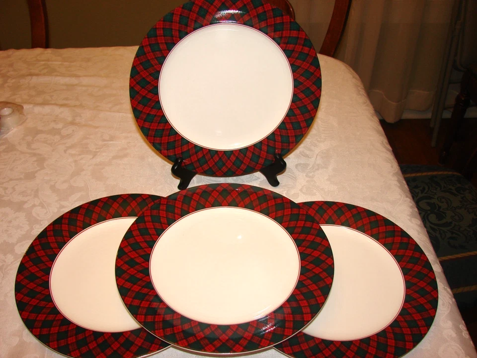4 Platos de Cena Arita Rojo Verde Navidad Tartán Cuadros 10-1/2" Japón Foto 4 de 4