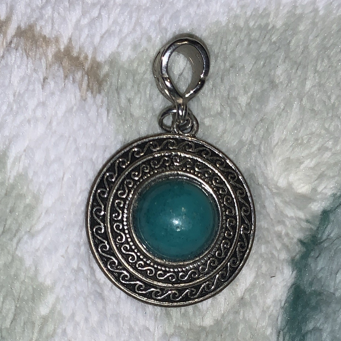 Silver Tone Round Charm Pendant, Bezel-Set Blue Cabochon Stone Metal