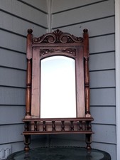 Solid Mahogany Wood Hand Carved Bevelled Shelf Wall Mirror