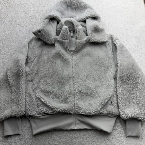 Alo Yoga Foxy Sherpa Jacket Light Grey Removable Hood Full Zip Womens Large L