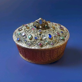 Antique Austrain Bronze/Brass Multi colored glass stones Trinket Box 1900