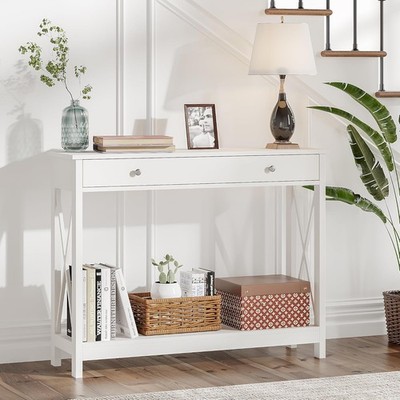 White Console Table with Drawer Shelves Entryway Sofa Storage Modern Narrow