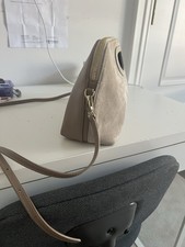 Beige Leather & Suede Dome Shoulder Bag, Cut-Out Handle, Zip, Detachable, 