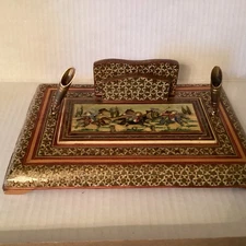Vintage Persian Khatam Inlaid Wooden Marquetry Mosaic Double Pen Holder Desk Set