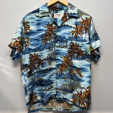 Vtg 50s 60s Luau Prints Hawaiian Shirt Rayon Japan Loop Collar Tiki Blue Size M