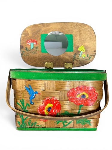 VTG Handpainted Wooden Basket Purse Mushrooms 1960-70’s Hand Painted Flowers