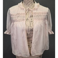 50s 60s Sheer Coquette Top M Bed Jacket Lingerie Lace Yoke Satin Nylon Vint
