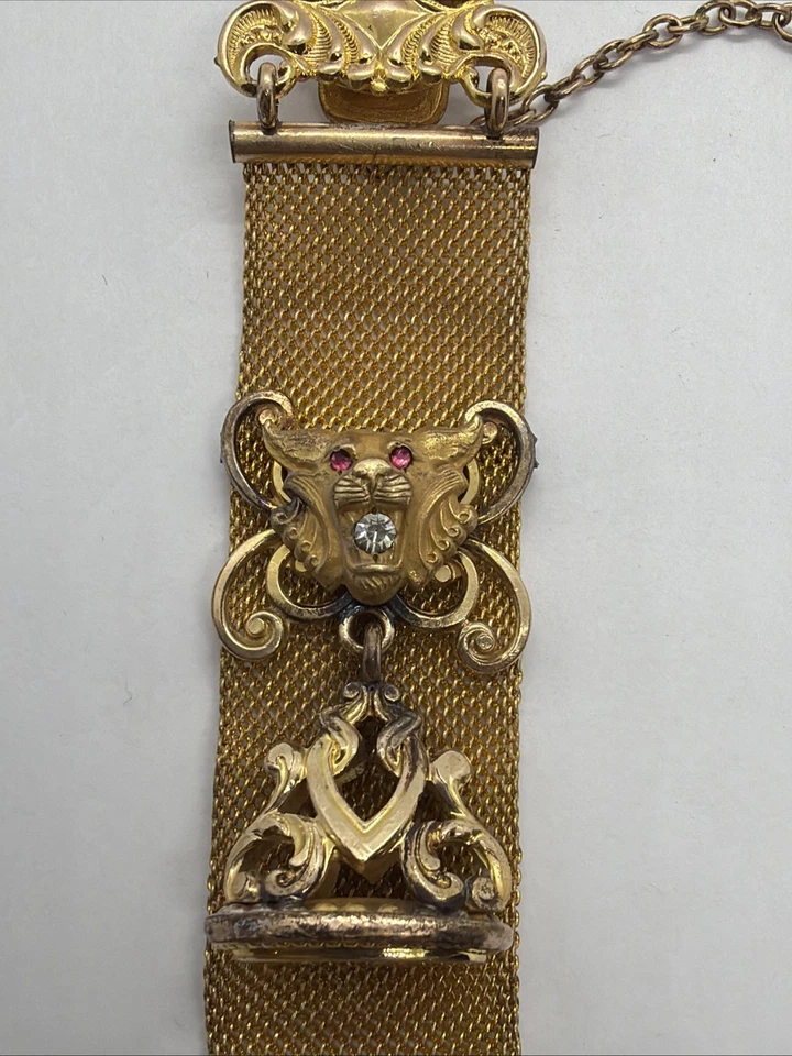 Antique Victorian Gold Filled Mesh Pocket Watch Chain & Jeweled Lion & Fob - Image 2 of 4